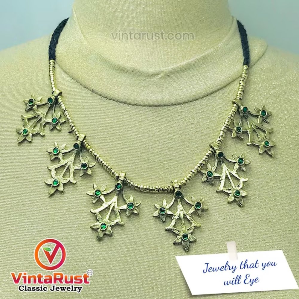 Golden Tone Choker Necklace: Green Glass Stone, Afghan Tribal Jewelry